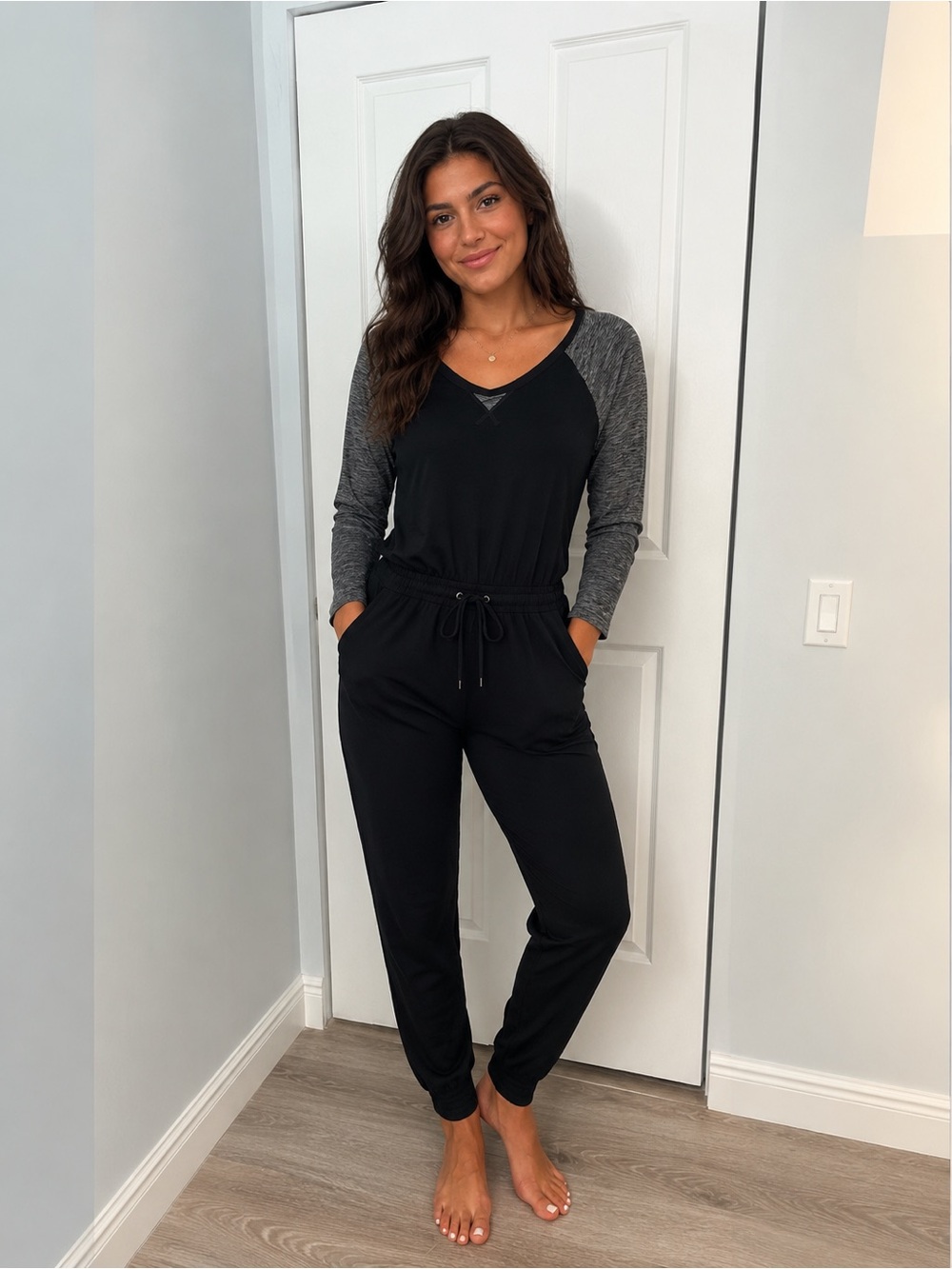 Express Womens Small Jumpsuit Black Gray Raglan Sleeve Drawstring Casual